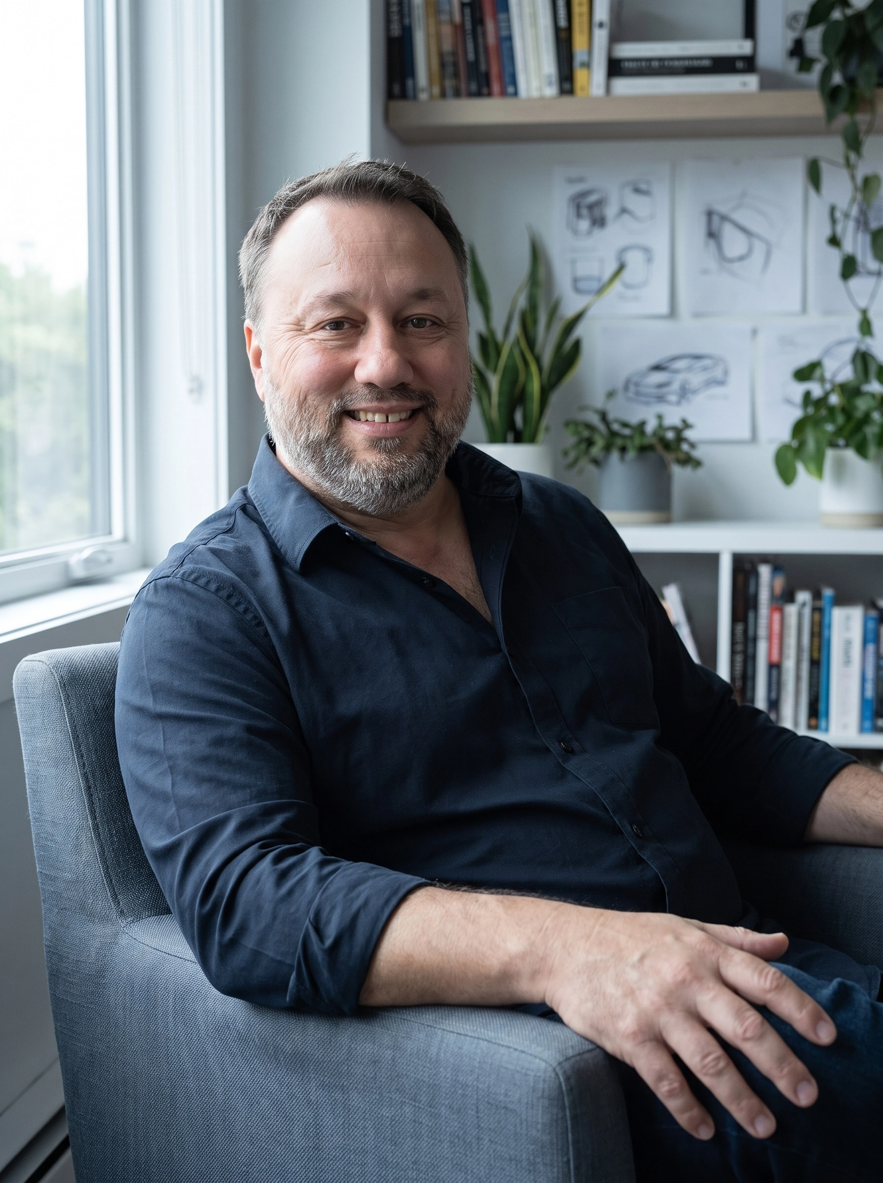Janick Ross, détendu et souriant. Portrait créé avec l’IA à partir de ses photos.
